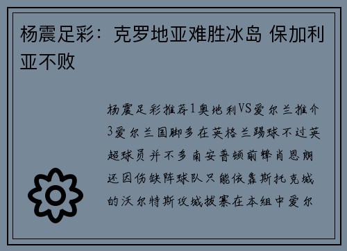 杨震足彩：克罗地亚难胜冰岛 保加利亚不败